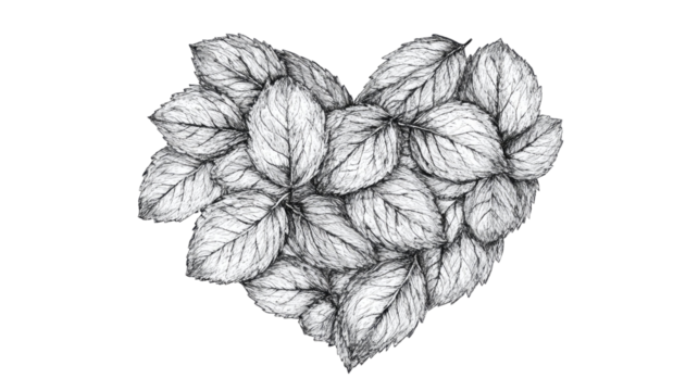 Heart formed by overlapping mint leaves, showcasing vibrant green color and natural texture, perfect for love, health, and nature visuals isolated on white background