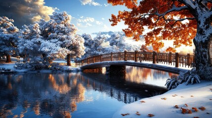Peaceful Winter Bridge Reflecting in Calm Water Amidst Snow-Covered Trees and Autumn Foliage