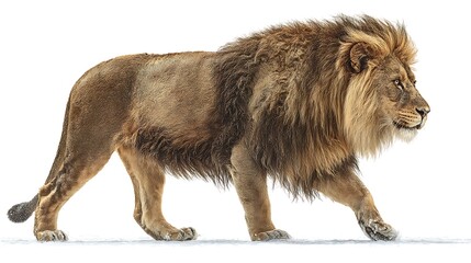 Obraz premium Majestic Lion Walking in Snowy Landscape on White Background Studio Shot