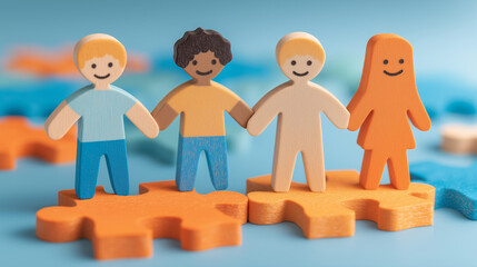 Abstract colorful human figure walk interconnect puzzle piece  teamwork connection problem solving.