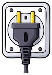 Cartoon doodle drawing of an electrical plug inserted into a wall power socket for electricity