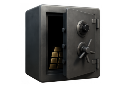 Open safe box revealing gold bars for secure wealth, investment, and financial protection on transparent background