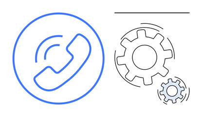 Phone receiver with signal waves paired with moving gears. Ideal for communication, teamwork, technology, networking, collaboration, customer service, progress. A simple flat metaphor