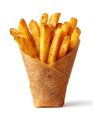 A bag of french fries is sitting in a paper wrapper