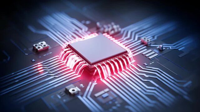 Futuristic circuit board electronic chip neon glow digital technology holographic pattern microprocessor data flow high tech cyber grid innovation vision with motherboard microchip processor lines