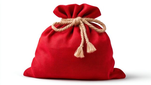 A red bag with a brown rope tied to it
