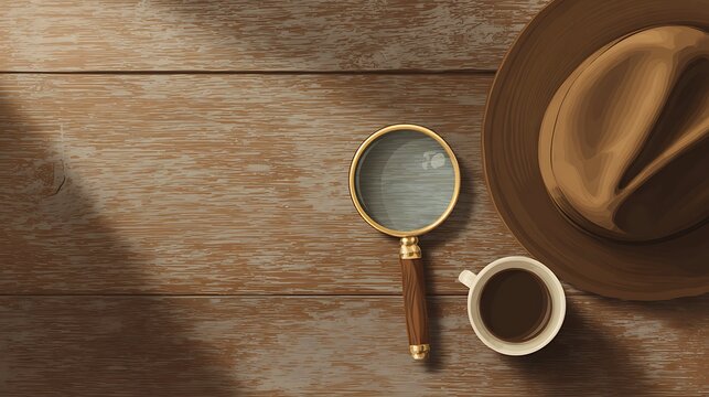 Magnifying Glass, Hat, and Coffee Cup on a Wooden Table Background