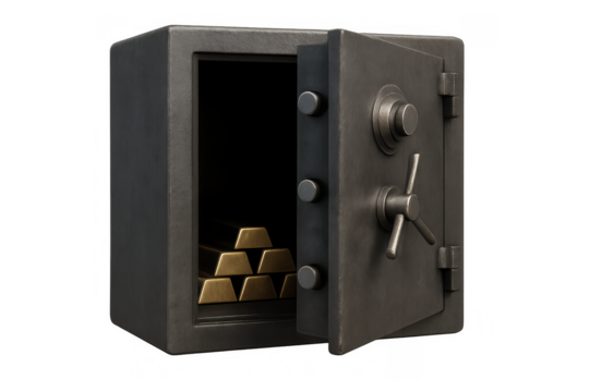 Security safe vault open with gold bars inside, storing wealth, banking, finance, and investment assets