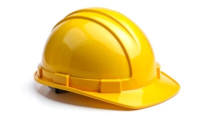 Fototapeta premium Close-up of bright yellow protective construction hard hat on white backdrop