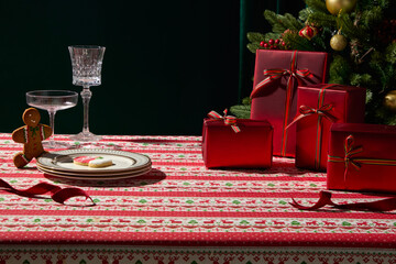 A beautifully arranged Christmas table featuring red gifts, a glass, and festive tablecloth patterns. The scene feels warm and stylish for holiday marketing designs.