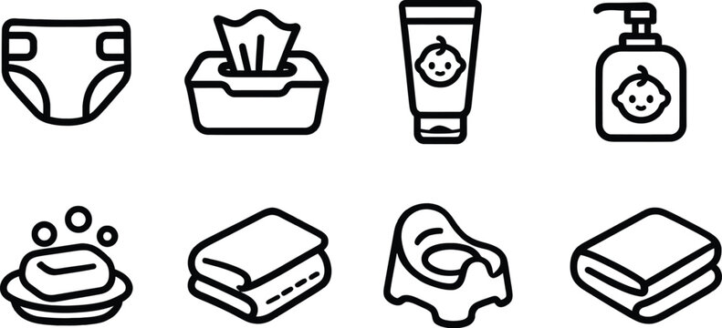 Baby Hygiene Icon Set, baby care icons,  parenting vector, diaper and wipes icons, lotion and soap icons, childcare UI ,nursery essentials icons, baby hygiene kit icons, baby bath symbols