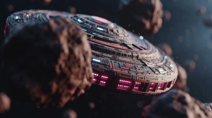 Futuristic spaceship asteroid field sci fi spacecraft alien technology space exploration glow sleek craft dodging rugged rocks with tense energy and wonder, futuristic spaceship glides through - Powered by Adobe