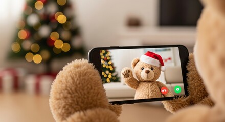 Teddy Bear on a Christmas Video Call with a Friend