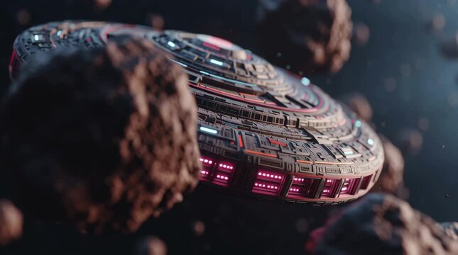 Futuristic spaceship asteroid field sci fi spacecraft alien technology space exploration glow sleek craft dodging rugged rocks with tense energy and wonder, futuristic spaceship glides through