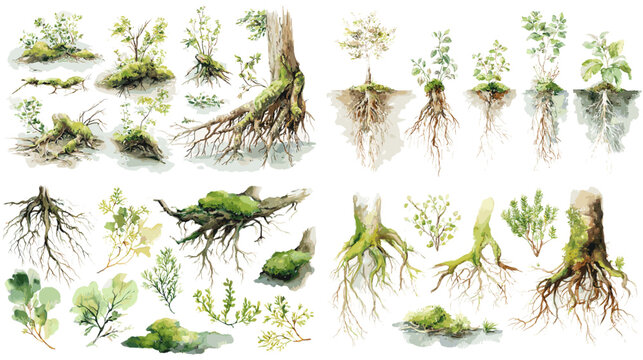 Watercolor illustration set of exposed tree roots, moss covered trunks, young sprouting plants, and earthy forest elements, highlighting organic growth and natural woodland textures.