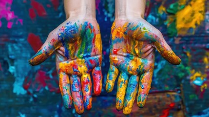 Hands covered in vibrant paint, showcasing a creative and artistic expression with a textured background