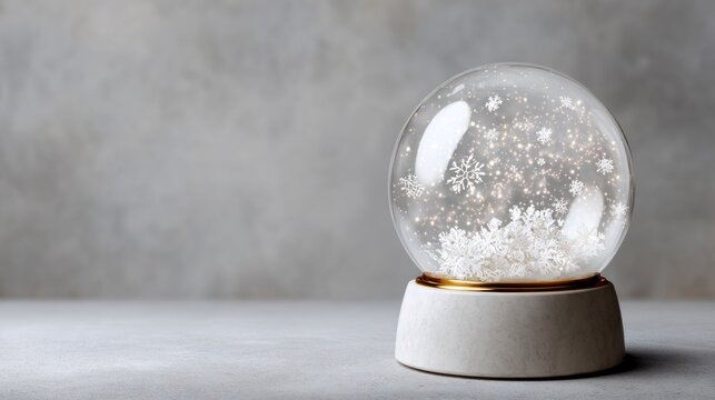 A snow globe with a gold base and a white snow filled inside