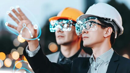 Virtual reality augmented reality mixed reality hologram digital interface smart glasses engineer architect teamwork innovation driving engineering construction workforce collaboration technology - Powered by Adobe