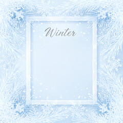 Elegant Winter Frame Template with Frosted Paper Cut Snowflakes and Pine Needles - Blue Silver Holiday Border Design, wallpaper