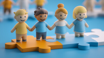 Abstract colorful human figure walk interconnect puzzle piece  teamwork connection problem solving.