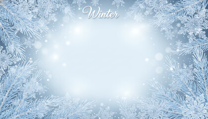 Elegant Winter Frame Template with Frosted Paper Cut Snowflakes and Pine Needles - Blue Silver Holiday Border Design, wallpaper
