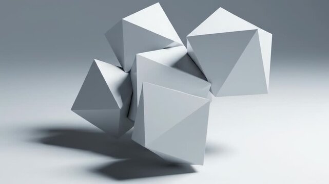 Minimalist 3D animation loop of white geometric polygonal shapes rotating and interlocking on a bright clean pale gray surface elegant, white, graphic