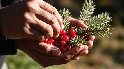 Close-up of hands holding red berries