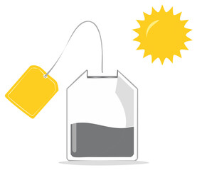Steeping Teabag with Sun Illustration, Yellow Tag, Hot Drink, Relaxation, Warm Beverage, Morning Energy