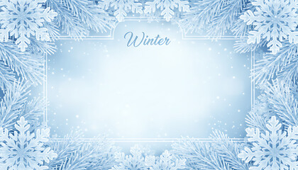 Elegant Winter Frame Template with Frosted Paper Cut Snowflakes and Pine Needles - Blue Silver Holiday Border Design, wallpaper