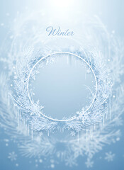 Elegant Winter Frame Template with Frosted Paper Cut Snowflakes and Pine Needles - Blue Silver Holiday Border Design, wallpaper