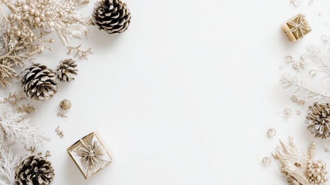 Christmas flat lay background with gold decorations and copy space, Elegant white holiday background with pine cones and gifts border