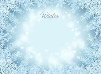 Elegant Winter Frame Template with Frosted Paper Cut Snowflakes and Pine Needles - Blue Silver Holiday Border Design, wallpaper