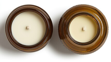 A close-up overhead view of two glass jars containing homemade beeswax candles