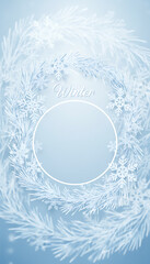 Elegant Winter Frame Template with Frosted Paper Cut Snowflakes and Pine Needles - Blue Silver Holiday Border Design, wallpaper