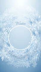 Elegant Winter Frame Template with Frosted Paper Cut Snowflakes and Pine Needles - Blue Silver Holiday Border Design, wallpaper