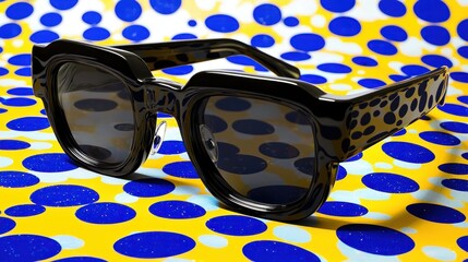 Chic modern sunglasses with bold black frames resting on a vibrant polka dot background