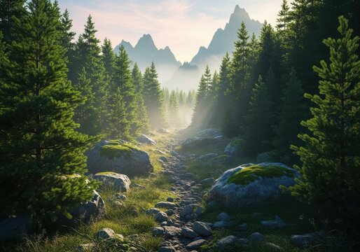 Misty forest river scene with tall pine trees and mountain peaks