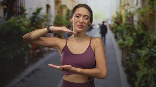 Woman smiling and framing empty space with hands, bare arms visible, wearing purple crop top on narrow city street lined with plants; confidence wellbeing.