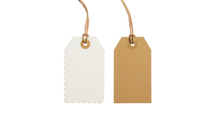 Blank white scalloped and brown kraft paper tags hanging by string, isolated