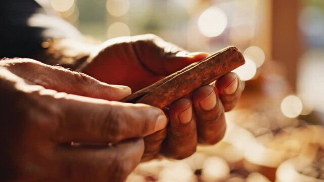 Close-up of hands holding a cigar