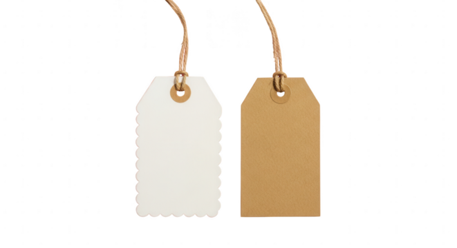Blank white scalloped and brown kraft paper tags hanging by string, isolated