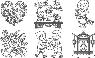 Six Black and White Cartoon Illustrations Flowers, Children, Mooncake, Temple, Coloring Page