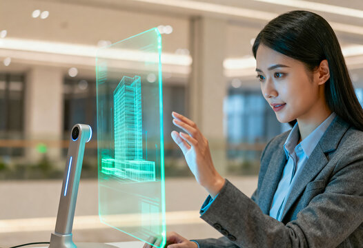 Architect or engineer interacts with futuristic holographic display showing a 3D wireframe model of a modern building, representing innovative construction technology