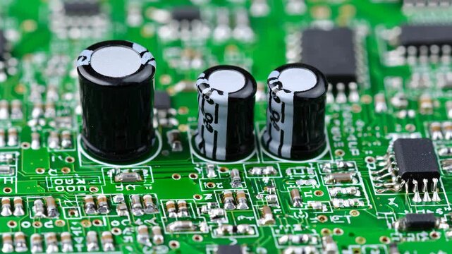 Ultra detailed closeup macro of micro capacitor green pcb circuit board with electronic component resistor transistor diode microchip and solder joint precision technology showing intricate printed