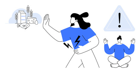 Woman holding her stomach avoids allergens thumbs up fish, dairy, and wheat. Background includes a warning sign and meditation figure. Ideal for allergy, health, mindfulness, awareness, healthy