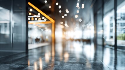Modern blurred office space of a business building center. Glass wall with empty space. Blurred abstract light background for presentation and design. High quality
