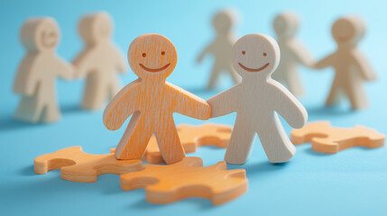 Abstract colorful human figure walk interconnect puzzle piece  teamwork connection problem solving.