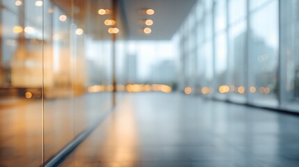 Modern blurred office space of a business building center. Glass wall with empty space. Blurred abstract light background for presentation and design. High quality