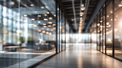 Modern blurred office space of a business building center. Glass wall with empty space. Blurred abstract light background for presentation and design. High quality