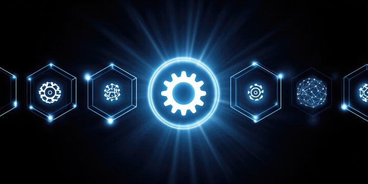 Innovative technology development digital workshop visual presentation futuristic environment close-up view gear and circuit concepts for advanced engineering